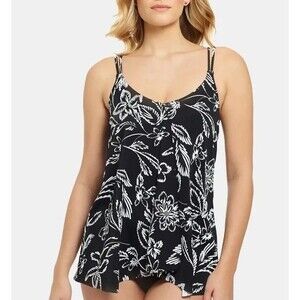 NWT Swim Solutions Bloom Flyaway Tummy Control Swimdress Swimsuit sz 8 Black